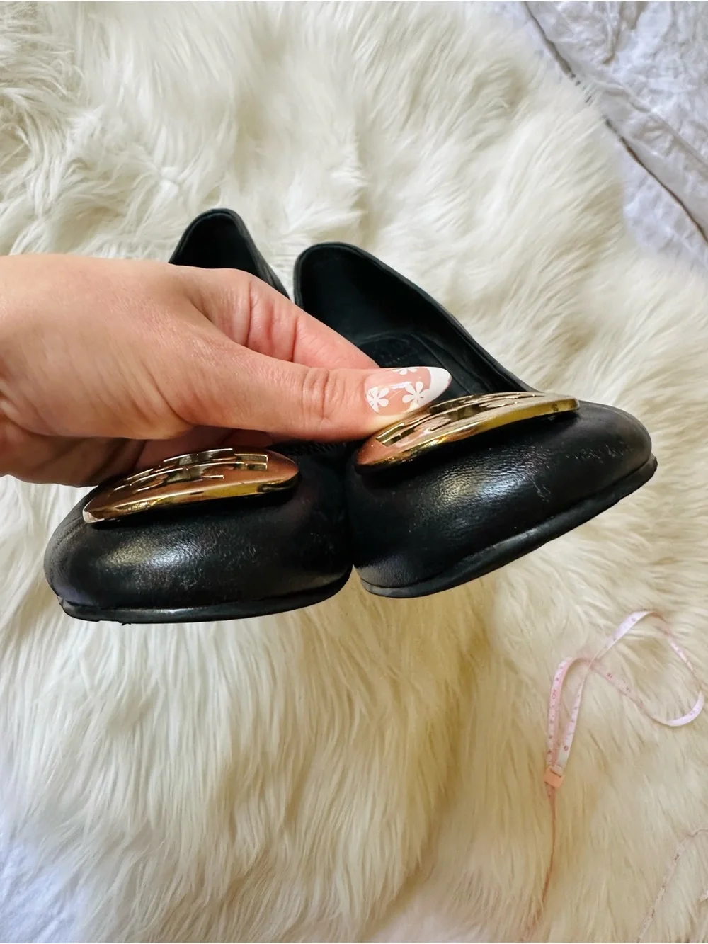 Tory Burch Sally Black Leather Wedge Pumps Gold Reva Logo Medallion Heels 7.5M